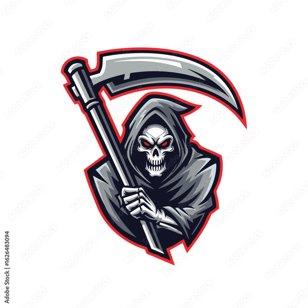 Fototapeta premium Grim Reaper logo, holding scythe, dark cloak, menacing skull.