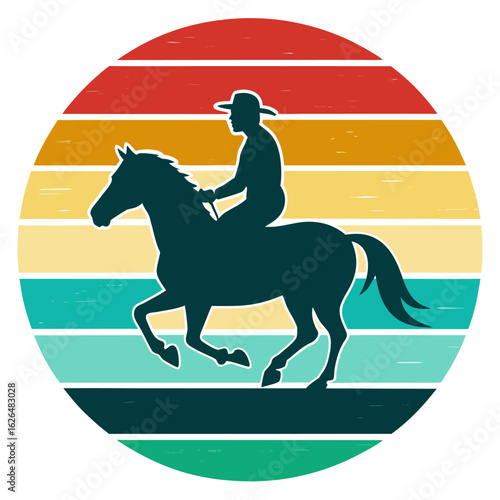 Equestrian Glow Badge – A bold horse-and-rider silhouette against retro sunset bands, laid out for minimal vector output.