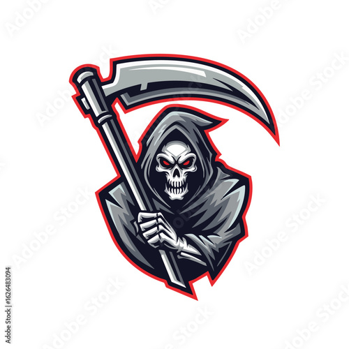 Grim Reaper logo, holding scythe, dark cloak, menacing skull.