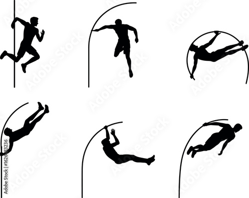 Pole vaulting silhouette sequence, athlete in action, sports performance, high jump, track and field, athletic training, competitive sport, dynamic  