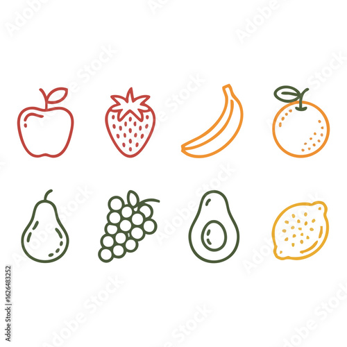 Fruit Icons Apple, Strawberry, Banana, Orange, Pear, Grapes, Avocado, Lemon