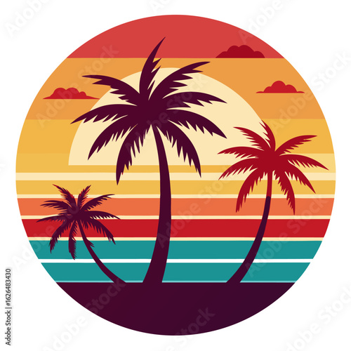 Tropical Beach Circle Vector with Bold Palm Silhouettes and Soft Sunset Gradients