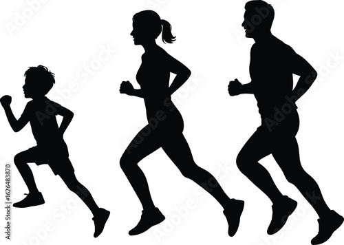 Running family silhouettes, fitness activity, healthy lifestyle, parent and child jogging, black vector art, outdoor exercise, bonding momentRunning family silhouettes