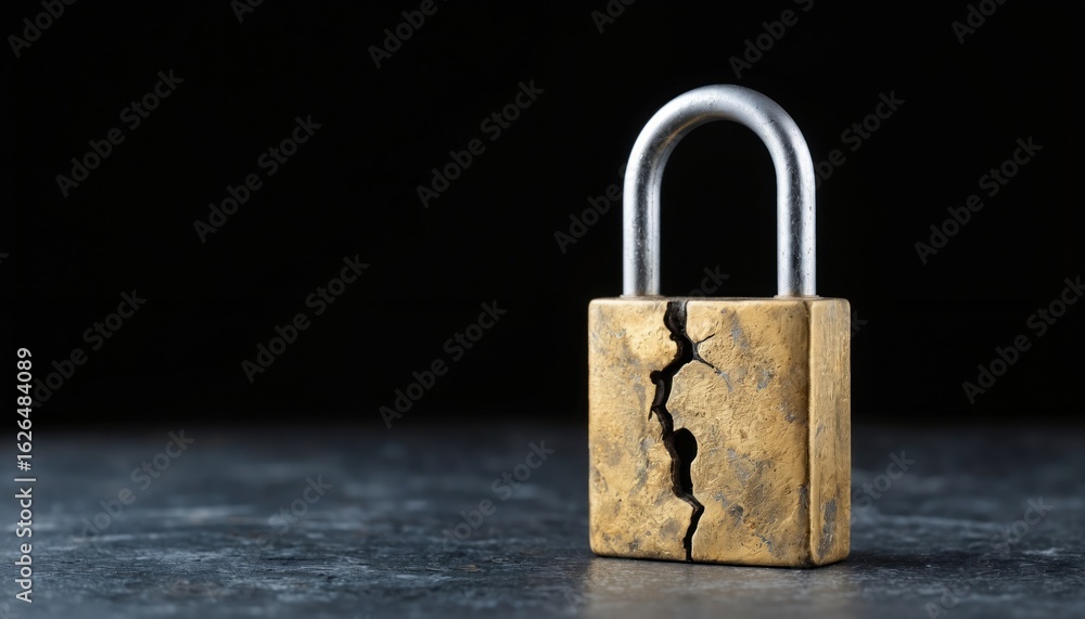 Fototapeta premium Damaged lock with missing keyholes on gray surface. Weathered, rough texture, broken lock, two holes missing, security, protection, blockage, isolation, close-up, design, graphic, illustration,