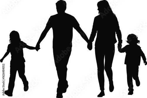 Family walking silhouette, parents and children holding hands, togetherness concept, black vector icon, love, unity, parenting illustration