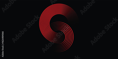 Abstract Red Spiral Formed by Concentric Parallel Lines on Black.