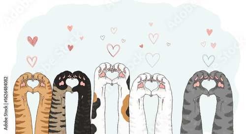 Five pairs of cat paws form heart shapes against a light blue background with floating hearts.
