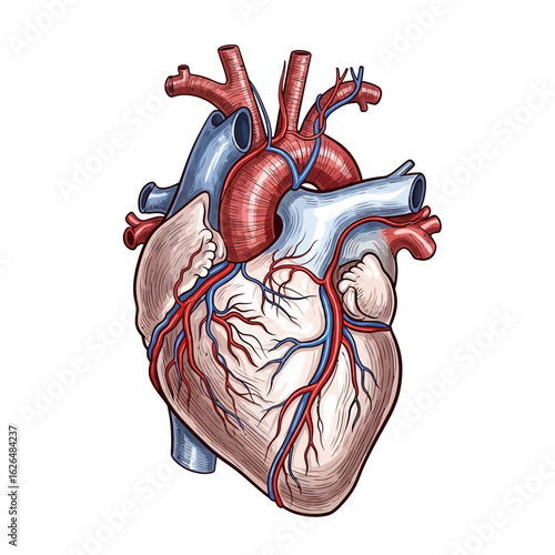 Anatomical illustration of a human heart, showing arteries and veins, on a white background.