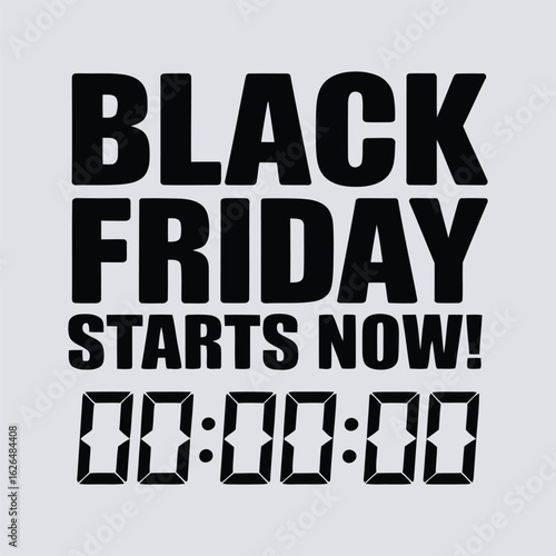 Vector Illustration of Midnight Clock with ‘Black Friday Starts Now’ Text, Symbolizing Sale Kickoff
