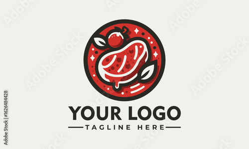 Red circular logo design featuring a stylized steak with a cherry tomato and leaves, perfect for a restaurant or food brand.