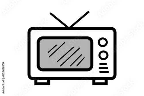 The image is a cartoon-style illustration of a vintage television set. The design is simple and graphic, defined by a thick black outline.