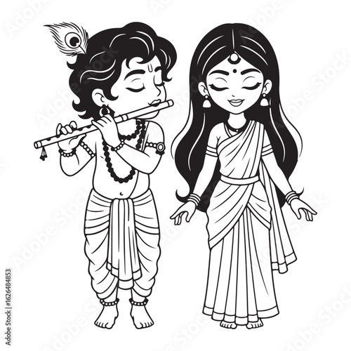 Cartoon illustration of krishna playing flute with radha colouring page