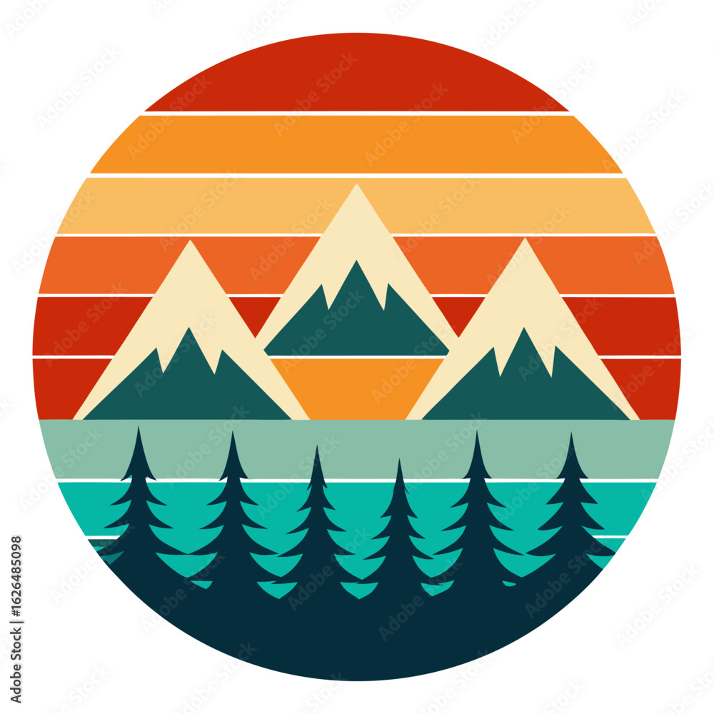 Obraz premium Mountain Scene in Circle Frame with Retro Sunset and Clean Silhouettes