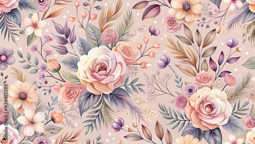 Elegant Pastel Floral Botanical Seamless Pattern Design Featuring Delicate Roses, Daisies, and Various Foliage Elements Arranged in a Repeating Motif