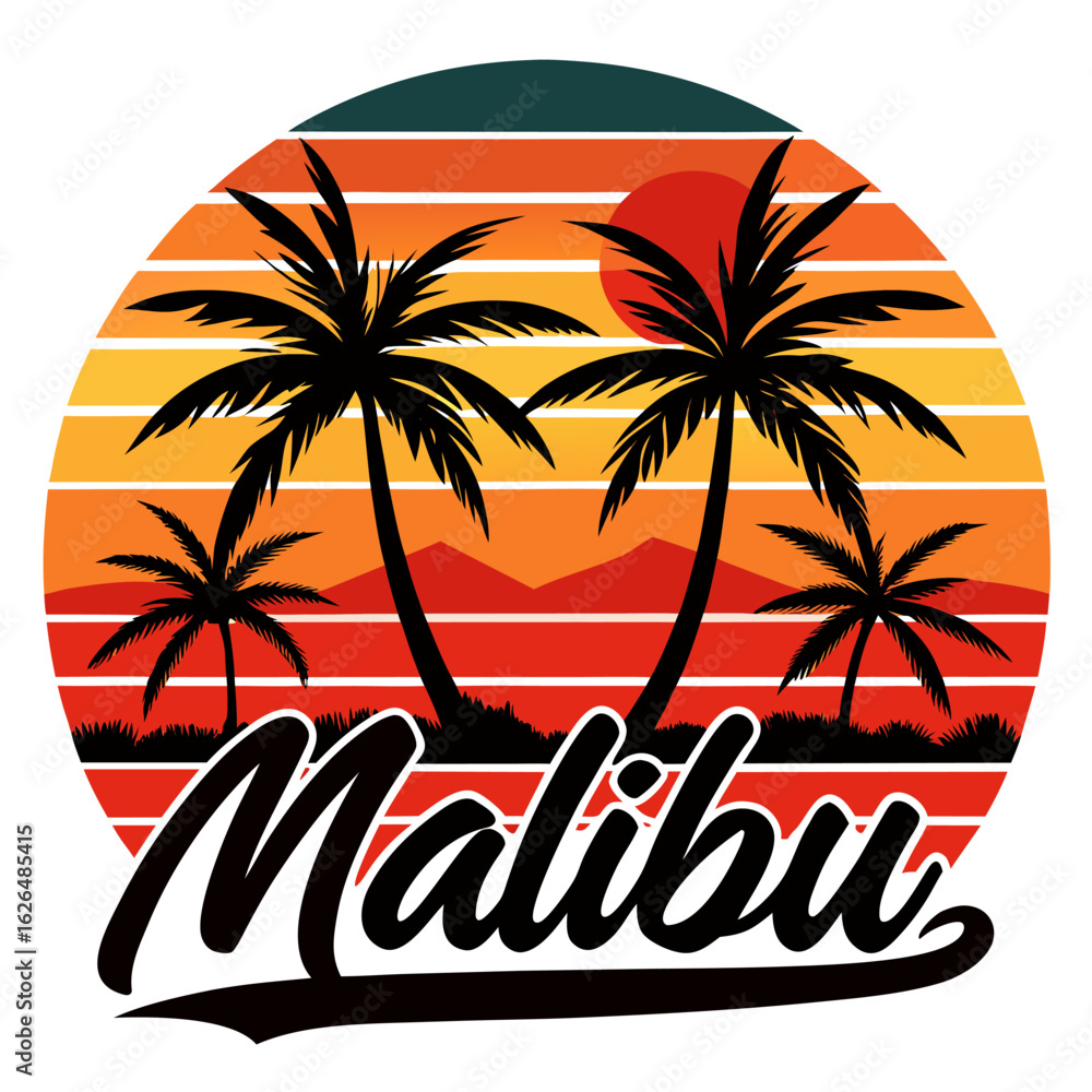 Obraz premium Flowing “Malibu” Script Under Retro Sunset with Palms
