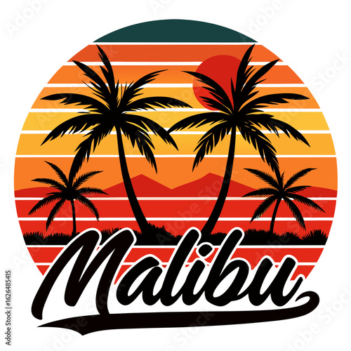 Wallpaper Mural Flowing “Malibu” Script Under Retro Sunset with Palms Torontodigital.ca