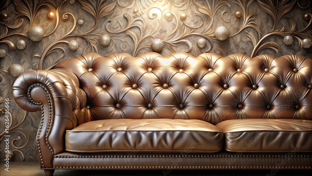 Fototapeta premium Luxurious Bronze Leather Chesterfield Sofa Against Ornate Wall Decor