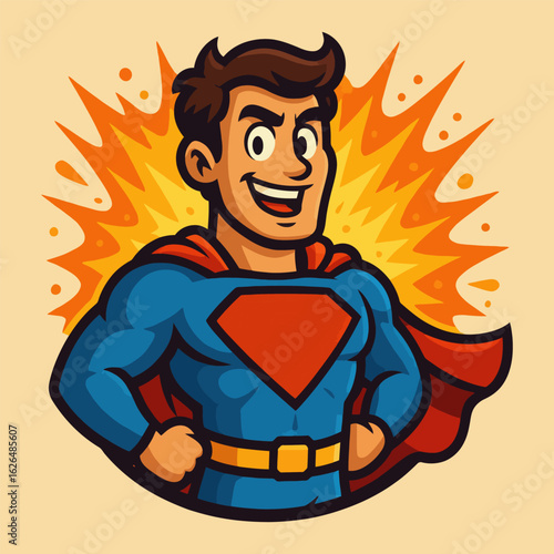 A cartoonish drawing of a smiling man in a blue and red Superman costume. The man is standing with his arms crossed and his chest puffed out