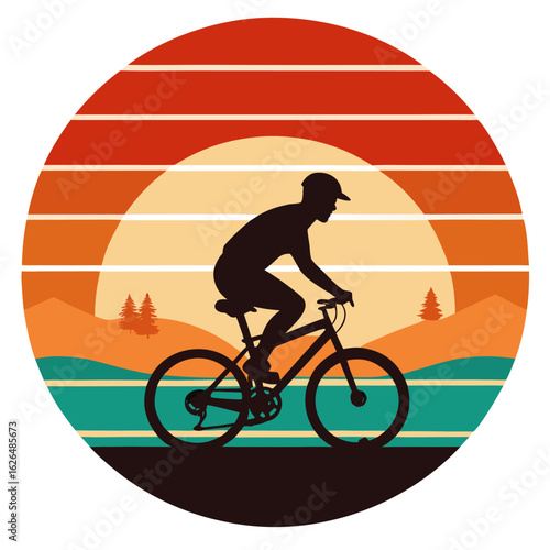 Mountain Biker Silhouette Against a Striped Sunset Horizon