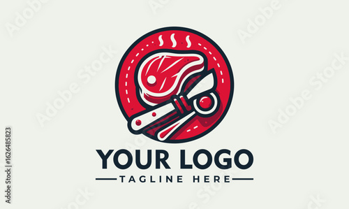 A stylized logo featuring a steak, knife, and fork within a red circle.