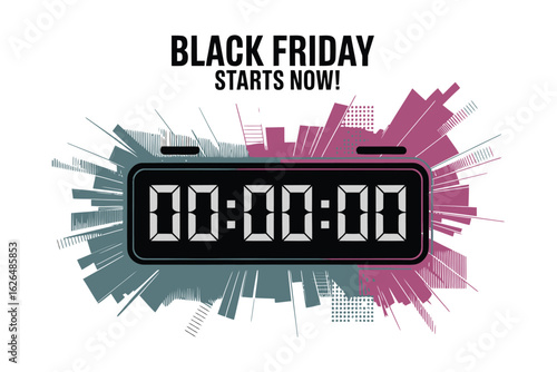Vector Illustration of Midnight Clock with ‘Black Friday Starts Now’ Text, Symbolizing Sale Kickoff
