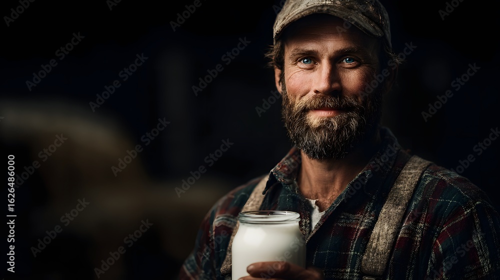 Obraz premium Rugged farmer holding a jug of fresh milk