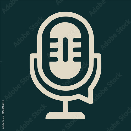 A microphone with a speech bubble around it. The microphone is white and the speech bubble is blue