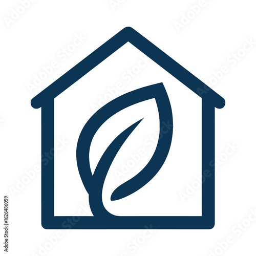 A house with a leaf on it. The leaf is green and it is on the roof of the house