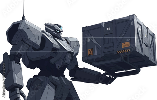 Mechanical Sentinel with Cargo: A powerful, futuristic robot firmly grasps a large, utilitarian cargo crate.