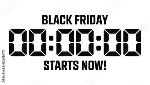Vector Illustration of Midnight Clock with ‘Black Friday Starts Now’ Text, Symbolizing Sale Kickoff
