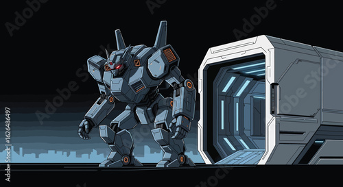 Robotic Guardian at Gateway: A formidable combat robot stands sentinel, its steely gaze fixed upon a futuristic gateway, embodying the essence of advanced technology and resolute defense.