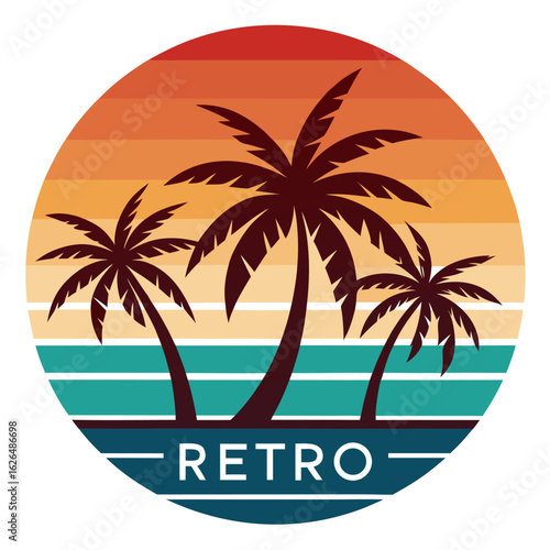 Wallpaper Mural Retro Circular Tropical Composition with Geometric Palms and Clean Typography – Layered Sunset Shape in Soft Gradients Torontodigital.ca