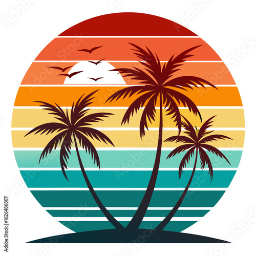 Wallpaper Mural Twin Palm Trees under Vintage Layered Sunset with Wave Curves – Clean Geometry and Sunset Tones for Apparel Vector Art Torontodigital.ca