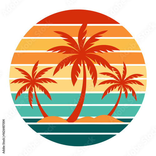 Wallpaper Mural Tropical Summer Vector with Classic Beach Silhouettes in Circular Frame – Striped Retro Sunset in Warm Earthy Tones Torontodigital.ca