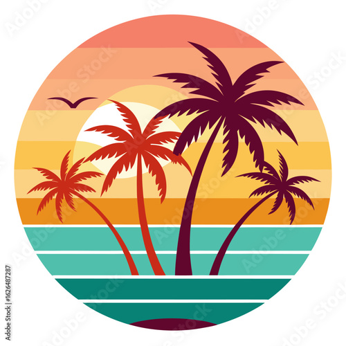 Wallpaper Mural Three Palm Trees against Layered Retro Sunset Circle – Clean Vector, Warm Red, Orange, Cream Tones, Emphasizing Simplicity and Negative Space Torontodigital.ca