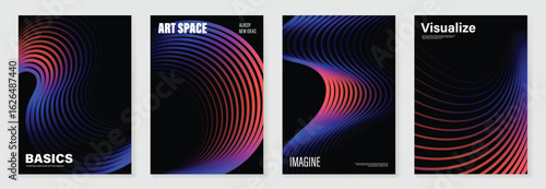 Abstract line wave gradient poster background vector set. Minimalist cover template with vibrant perspective line wave in motion. Ideal design for social media, cover, banner, flyer, music, ads.