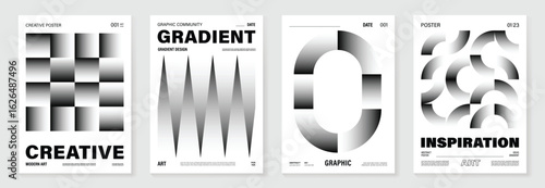 Abstract monochrome poster background vector set. Modern cover template with black and white perspective geometric prism shape different. Ideal design for social media, banner, ads.