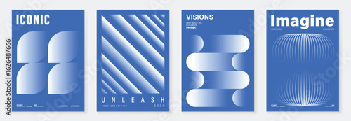 Modern gradient poster on blue background vector set. Minimalist cover template with white perspective geometric shapes different. Ideal design for social media, cover, banner, flyer.