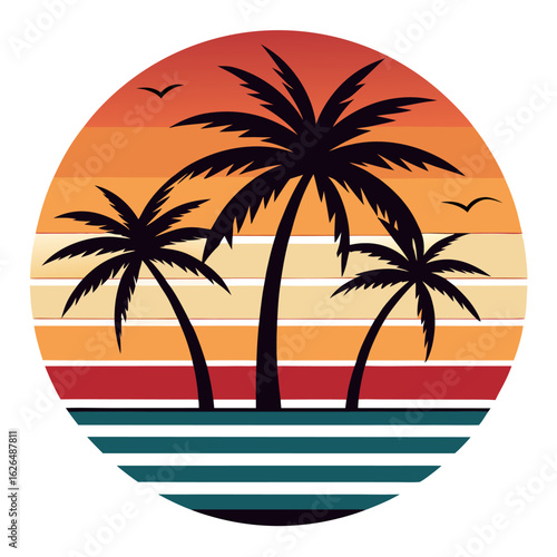 Wallpaper Mural Flat Retro Hawaiian Beach Landscape at Dusk with Palm Silhouettes and Vibrant Sun Stripes – Subtle Gradients, Negative Space, Visual Balance Torontodigital.ca