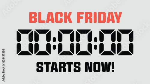 Vector Illustration of Midnight Clock with ‘Black Friday Starts Now’ Text, Symbolizing Sale Kickoff
