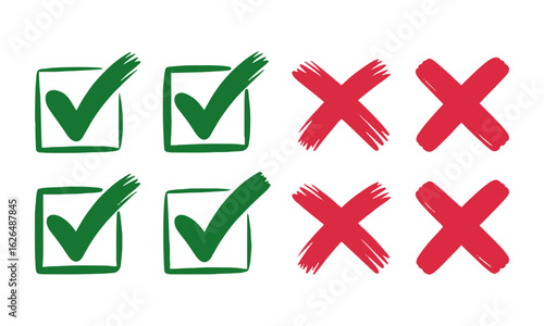 Scalable vector illustration consisting of hand-drawn check marks and cross marks, hand-drawn checkbox, examination mark and checklist marks, easily editable.