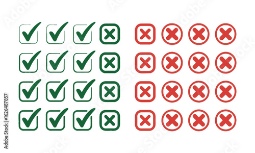 Scalable vector illustration consisting of hand-drawn check marks and cross marks, hand-drawn checkbox, examination mark and checklist marks, easily editable.