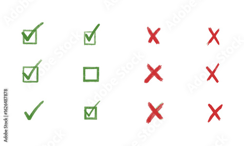 Scalable vector illustration consisting of hand-drawn check marks and cross marks, hand-drawn checkbox, examination mark and checklist marks, easily editable.