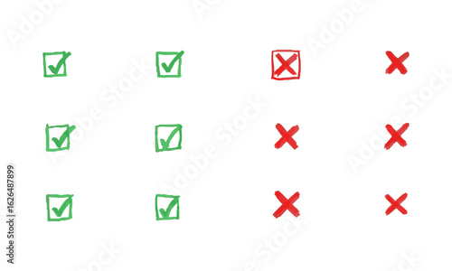 Scalable vector illustration consisting of hand-drawn check marks and cross marks, hand-drawn checkbox, examination mark and checklist marks, easily editable.