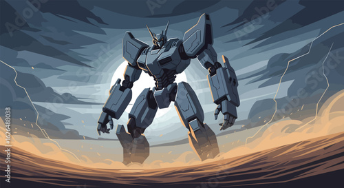 Giant Robot in Stormy Landscape: A powerful robot strides confidently against a backdrop of a turbulent storm, conveying themes of technological prowess and resilience.