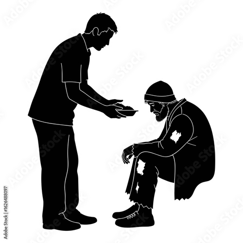 Man giving food to a homeless person silhouette