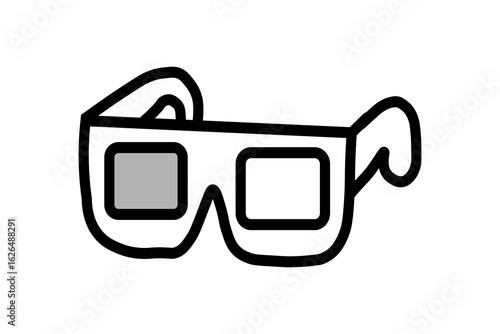 The image is a cartoon-style illustration of a pair of vintage 3D glasses. The design is simple and graphic, with a thick, rounded black outline giving it a playful feel.