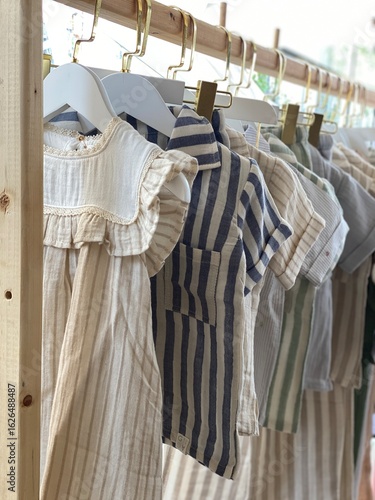 Childrens clothing on hangers with striped designs in natural tones