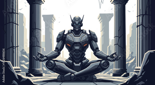 Meditation of the Machine: A futuristic robot, in a moment of zen, seated serenely in the lotus position, symbolizing inner peace and technological advancement.