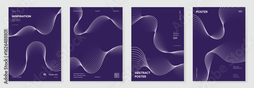 Abstract line wave gradient poster background vector set. Minimalist cover template with vibrant perspective line wave in motion. Ideal design for social media, cover, banner, flyer, music, ads.